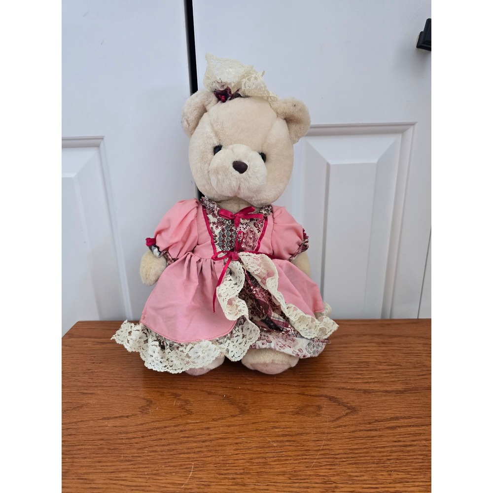 McField Fashion Co Vintage Plush Teddy Bear Victorian Pink Lace Patchwork Dress